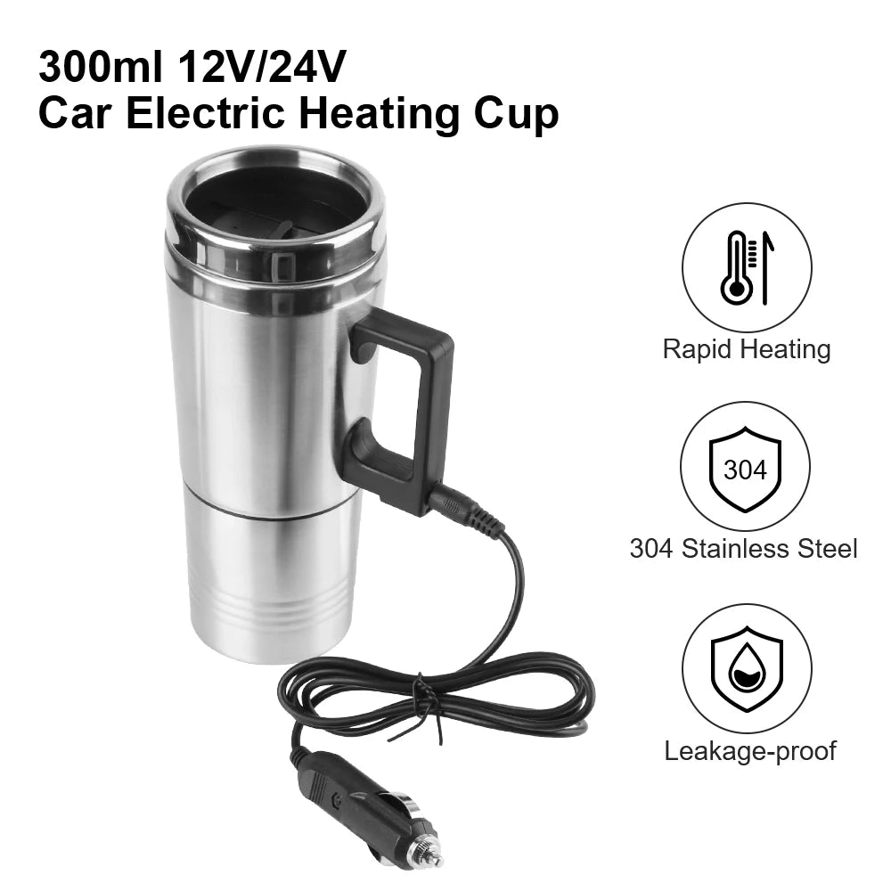 Vehicle Heating Cup Camping Travel Kettle Electric Heating Car Kettle Stainless Steel 12V/24V 300Ml Auto Accessories
